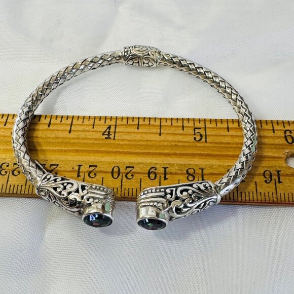 Sterling Silver 925 Mystic Topaz Hinged Bangle Bracelet Pierced Scroll Design - Picture 7 of 8